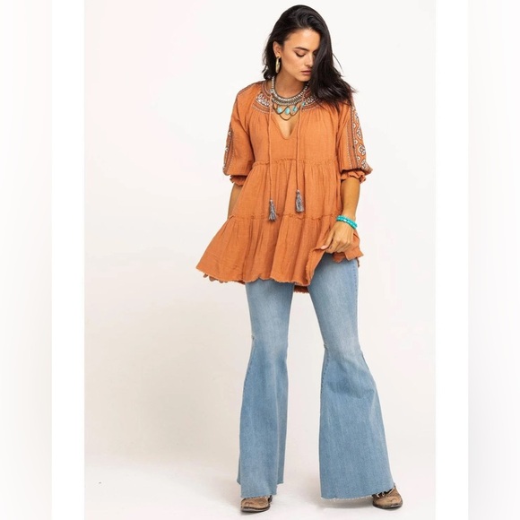 Free People Dreamweaver Embroidered Cotton Tassel Puff Sleeve Tunic Top Sz XS - Picture 12 of 12